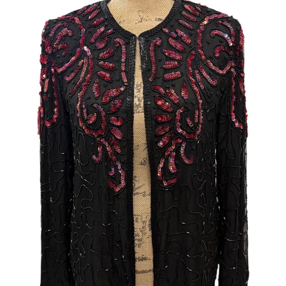 Vintage Red and Black Artistic Jacket with Floral Design